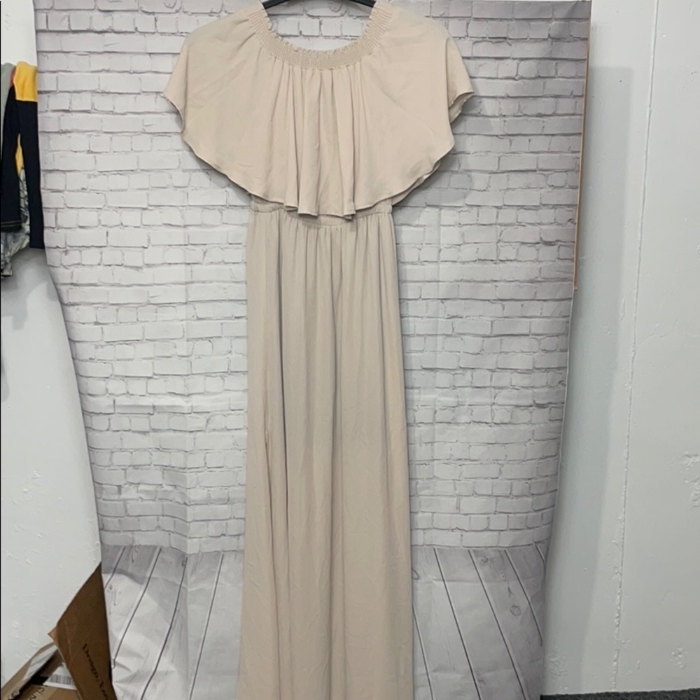 Show Me Your Mumu Hacienda Maxi Dress Beige Off Shoulder Bridesmaid Size Small - Picture 3 of 10